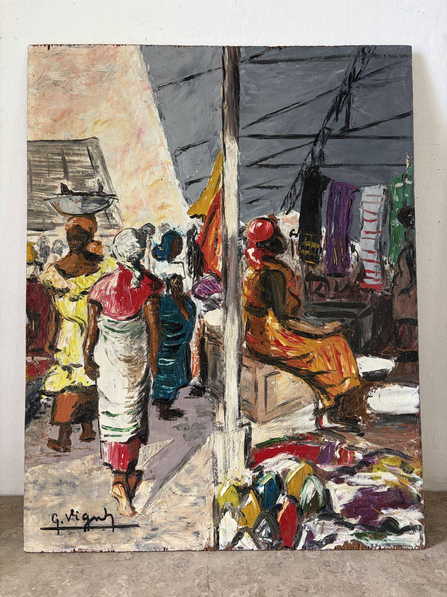 Market in Dakar, oil on panel signed G Vignesoult.