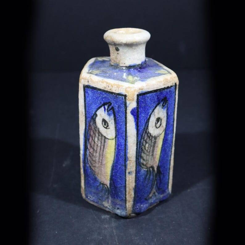 Antique Qajar Pottery Fish Vase Glazed Ceramic Hand Painted Antique Tea Bottle