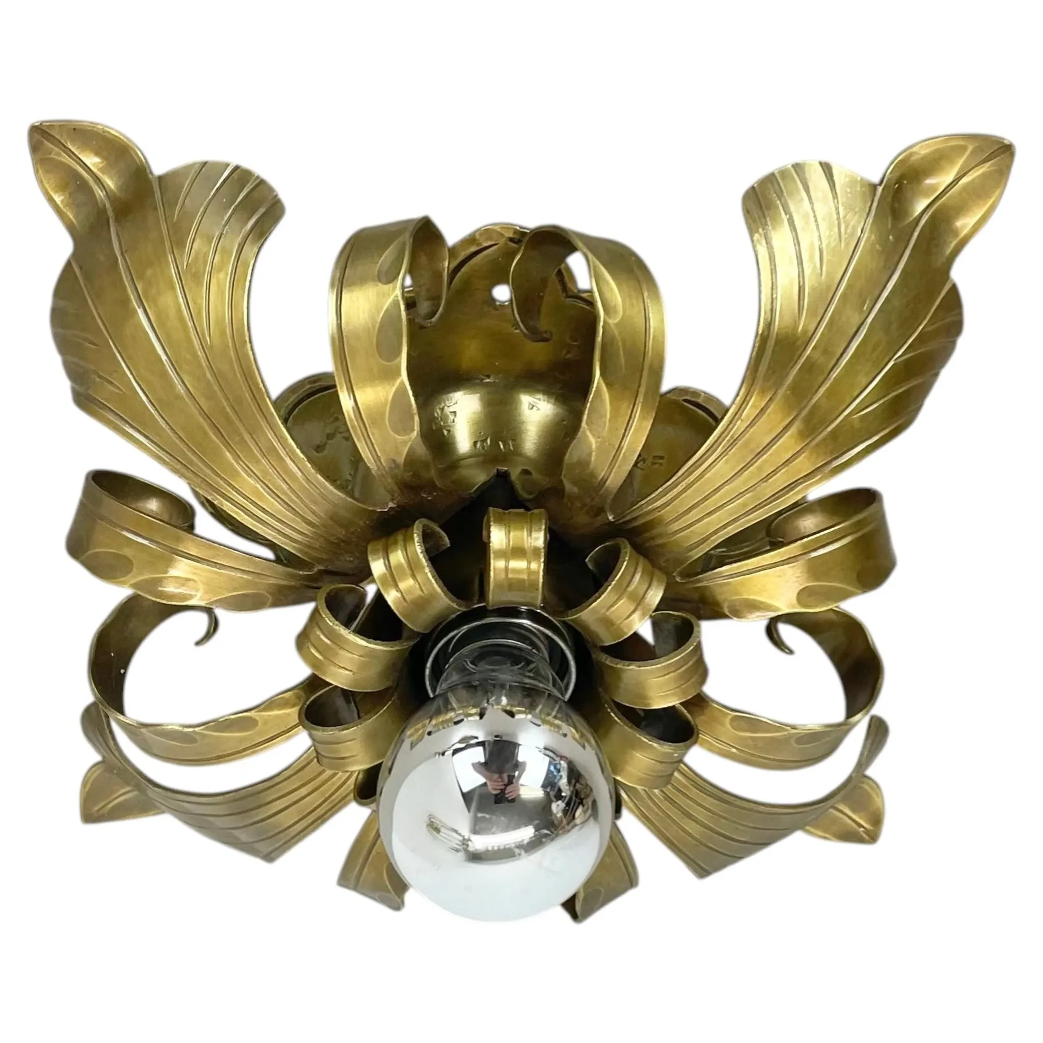 Rare 24 cm Large Theatre Ceiling Light in Gold-Coloured Brass in Florentine Leaf Style, Italy, 1970s