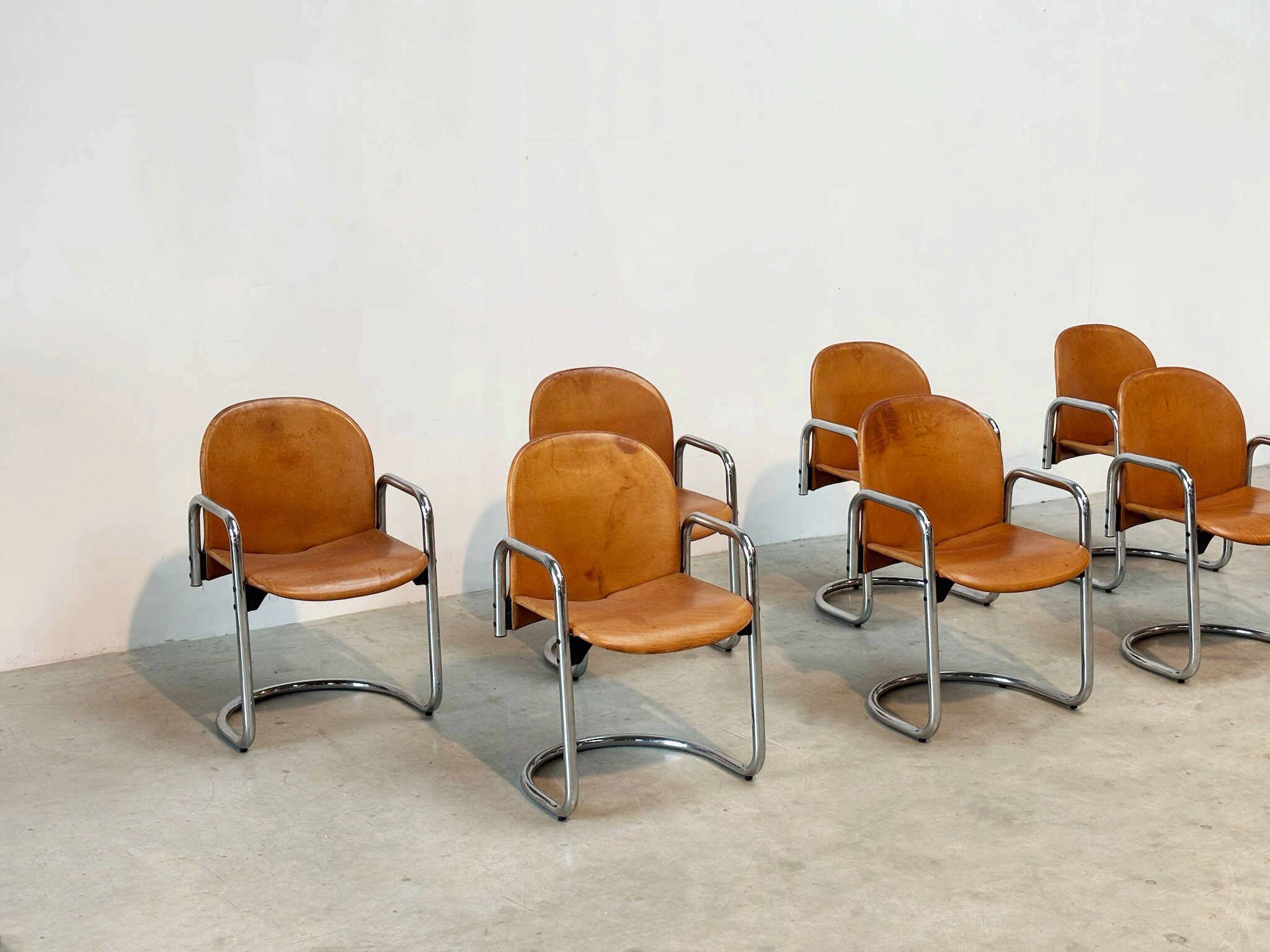 Set of eight cognac leather Dialogo Dessau dining chairs by Afra E Tobia Scarpa