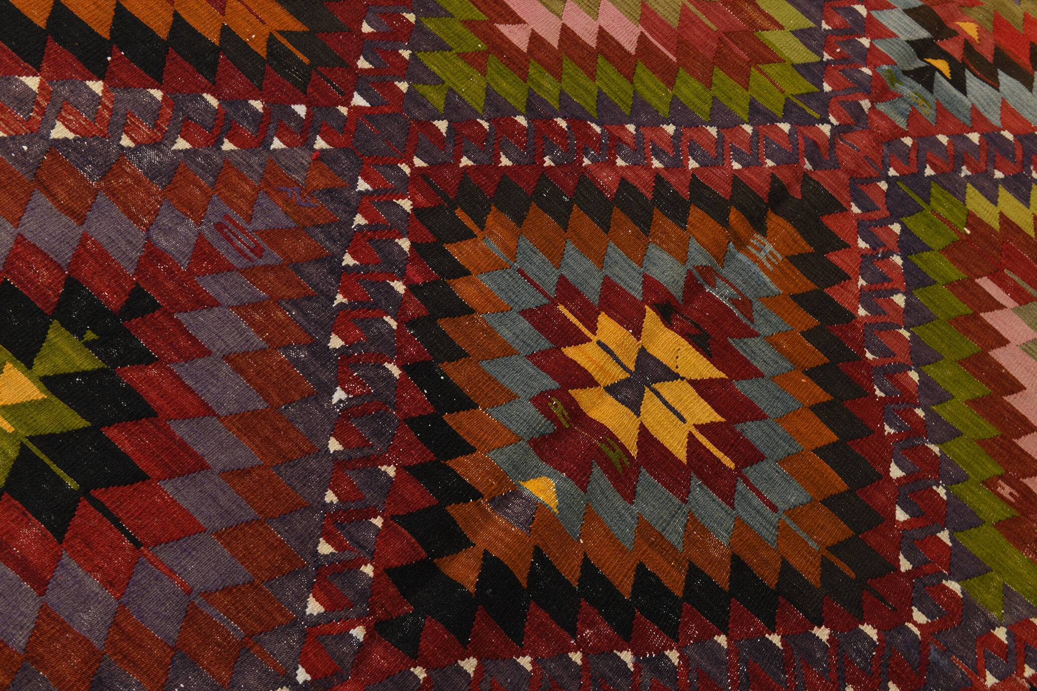 Geometric Pattern Burgundy  Turkish Vintage Kilim Rug, 188x338 Cm