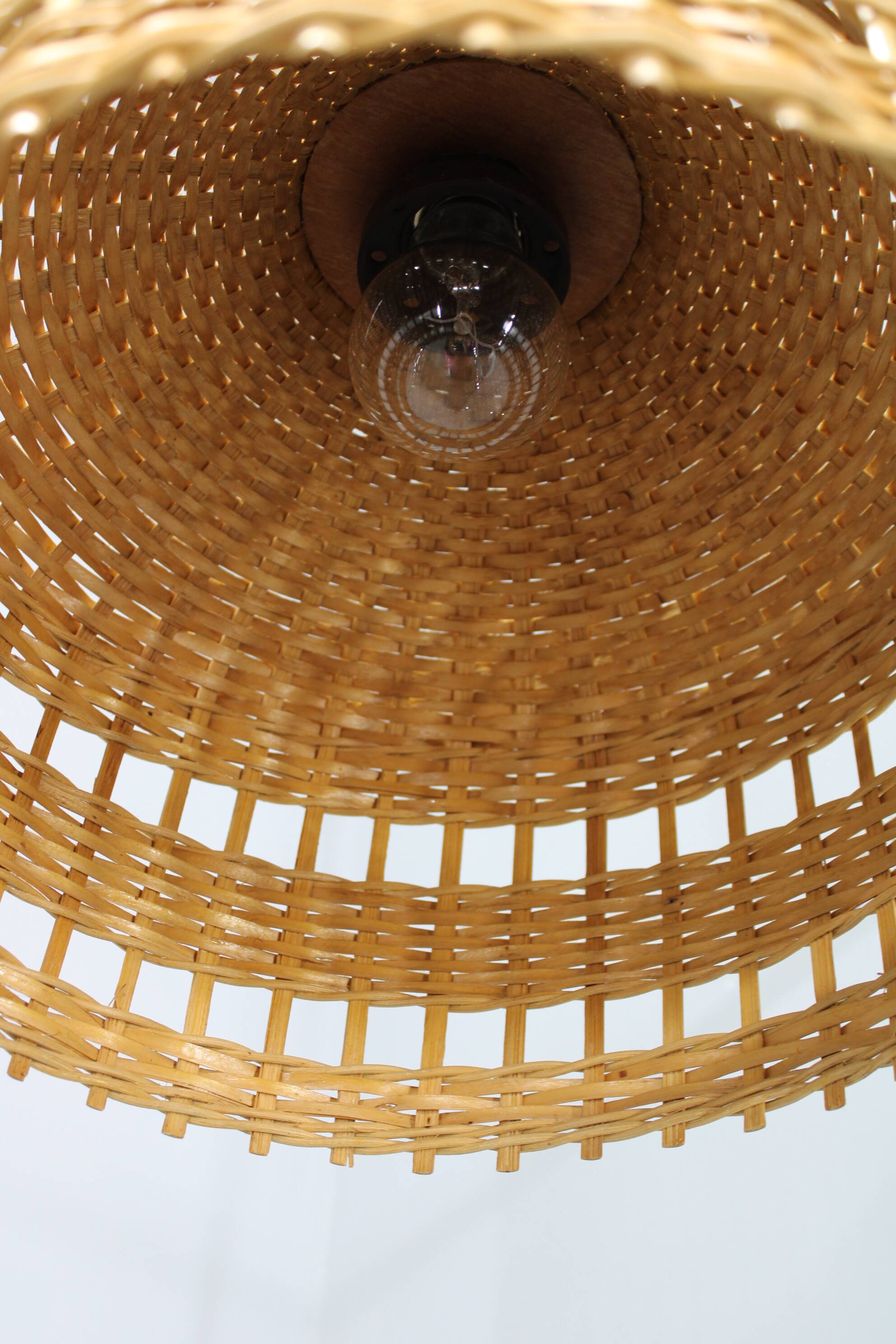 Adjustable mid-century wooden wall lamp with rattan shade, 1970s