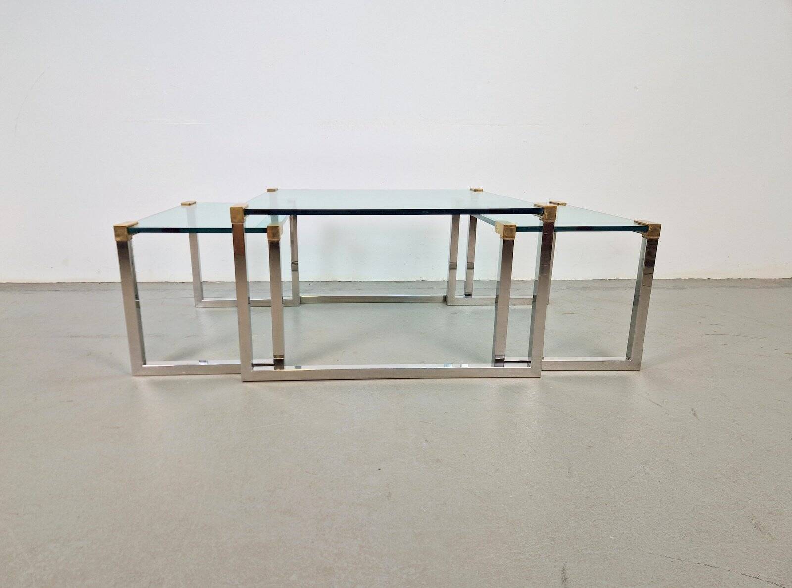 T53 Coffee and Side Tables in Brass and Glass by Peter Ghyczy, 1970s, Set of 3