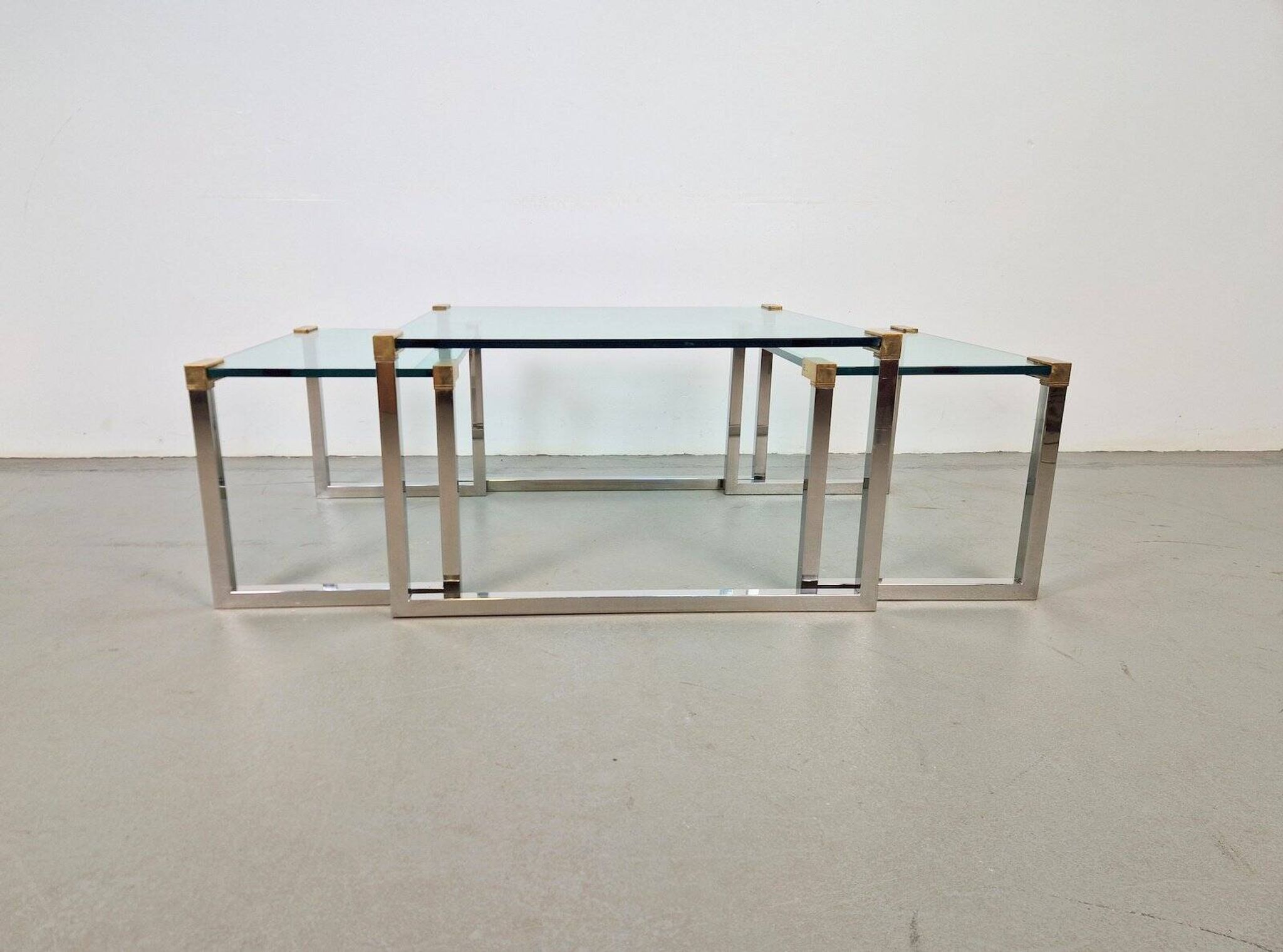 T53 Coffee and Side Tables in Brass and Glass by Peter Ghyczy, 1970s, Set of 3