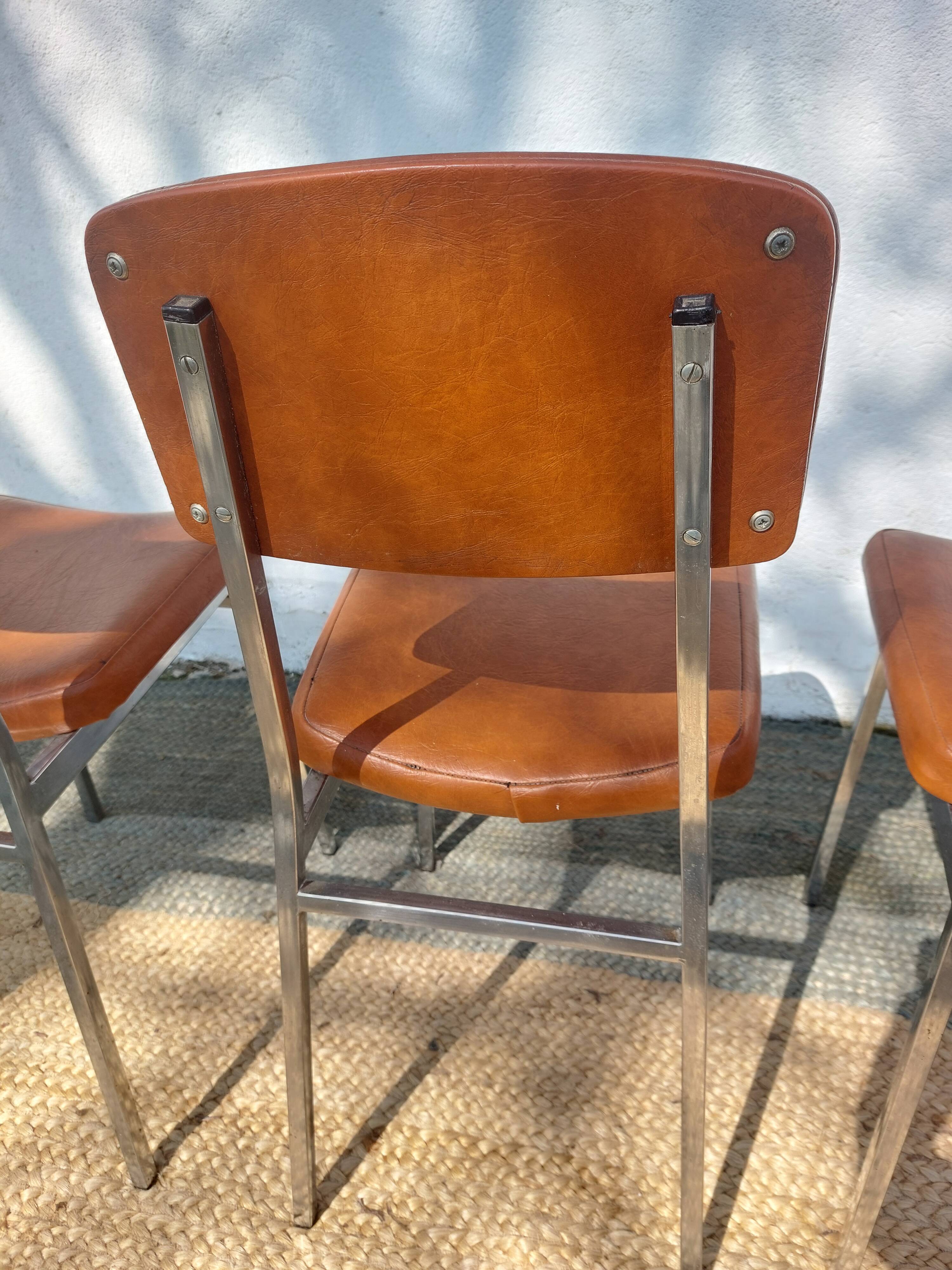 3 stainless steel tube chairs and faux leather, vintage