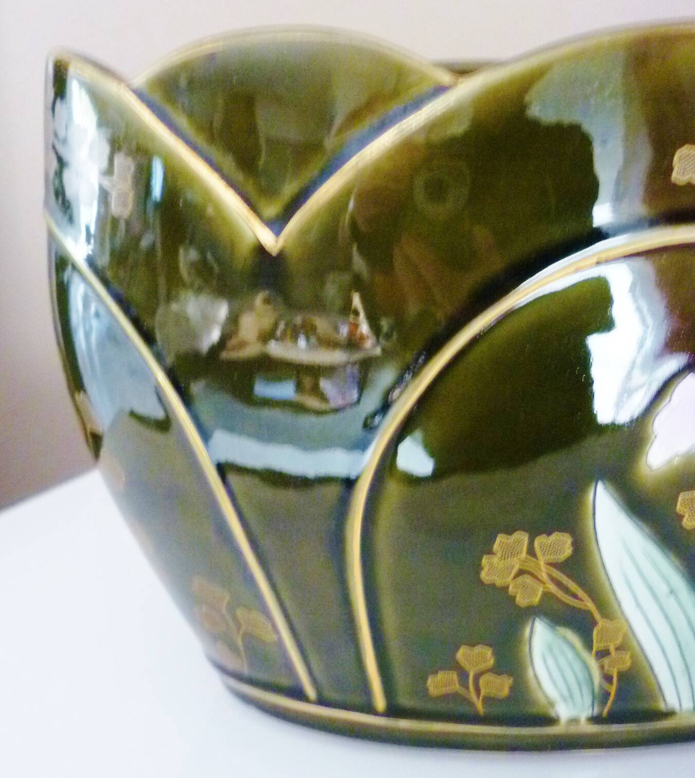 Planter, art nouveau, iris, enameled ceramic, signed Gustave De Bruyn, Fives-Lille