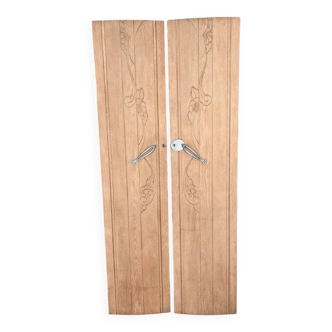 Pair of vintage Art Deco doors Rose and Daisy solid oak wood