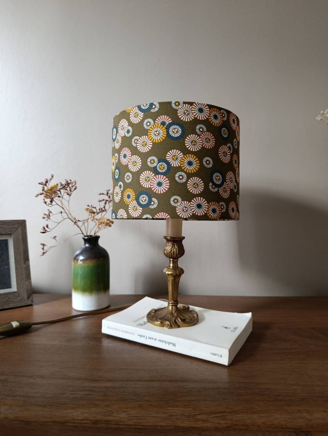 brass table lamp | khaki lampshade with multicoloured daisies