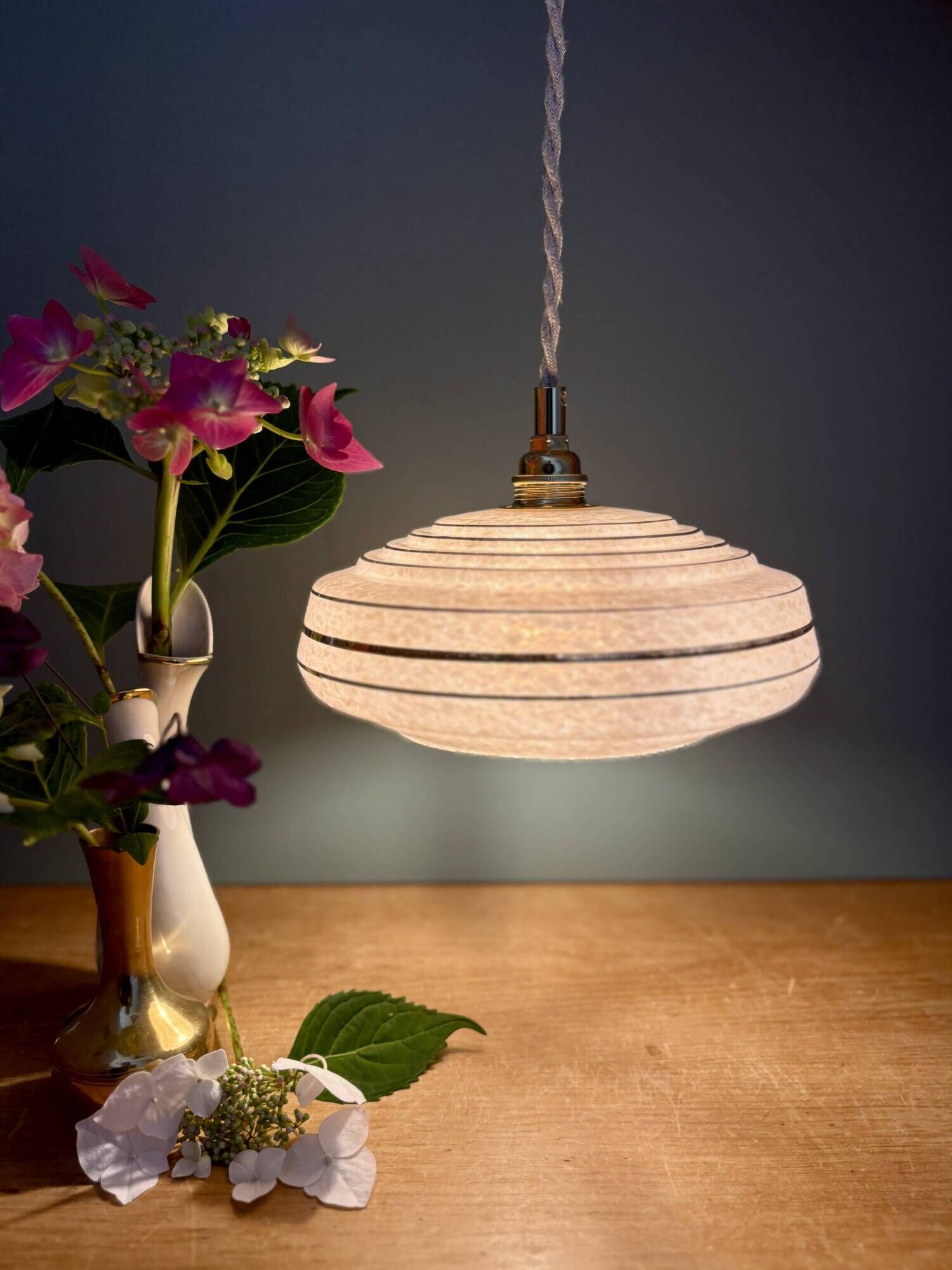 Vintage pendant lampshade in pink Clichy glass with gold trim