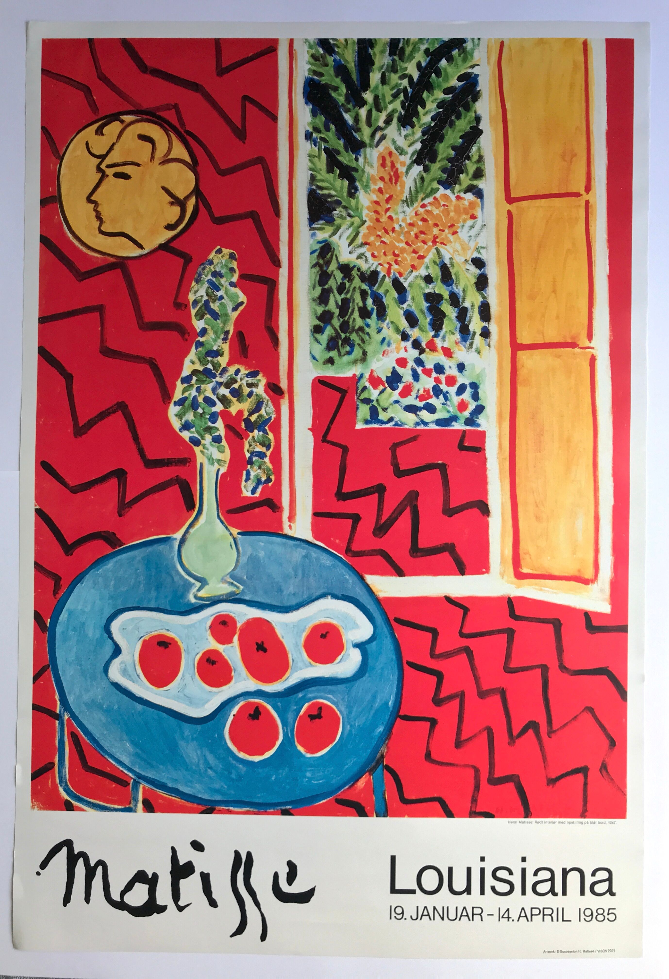Original poster exhibition henri matisse, red interior, still life on blue table, 1947-1985