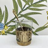 Solid brass teacup and spoon with Art Nouveau flower decor