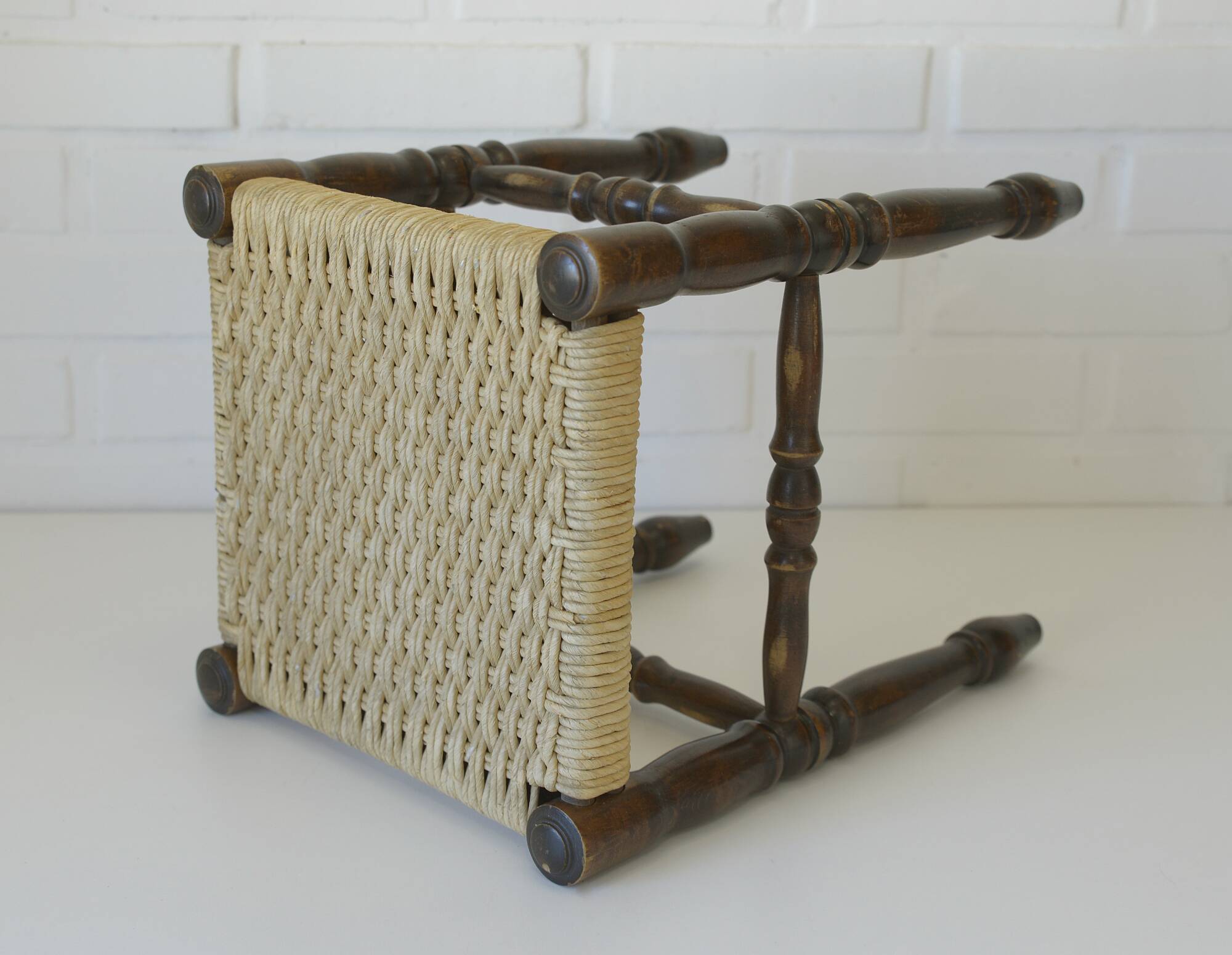 Vintage rustic stool, wooden ottoman footstool, wicker bench from the 1960