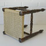 Vintage rustic stool, wooden ottoman footstool, wicker bench from the 1960