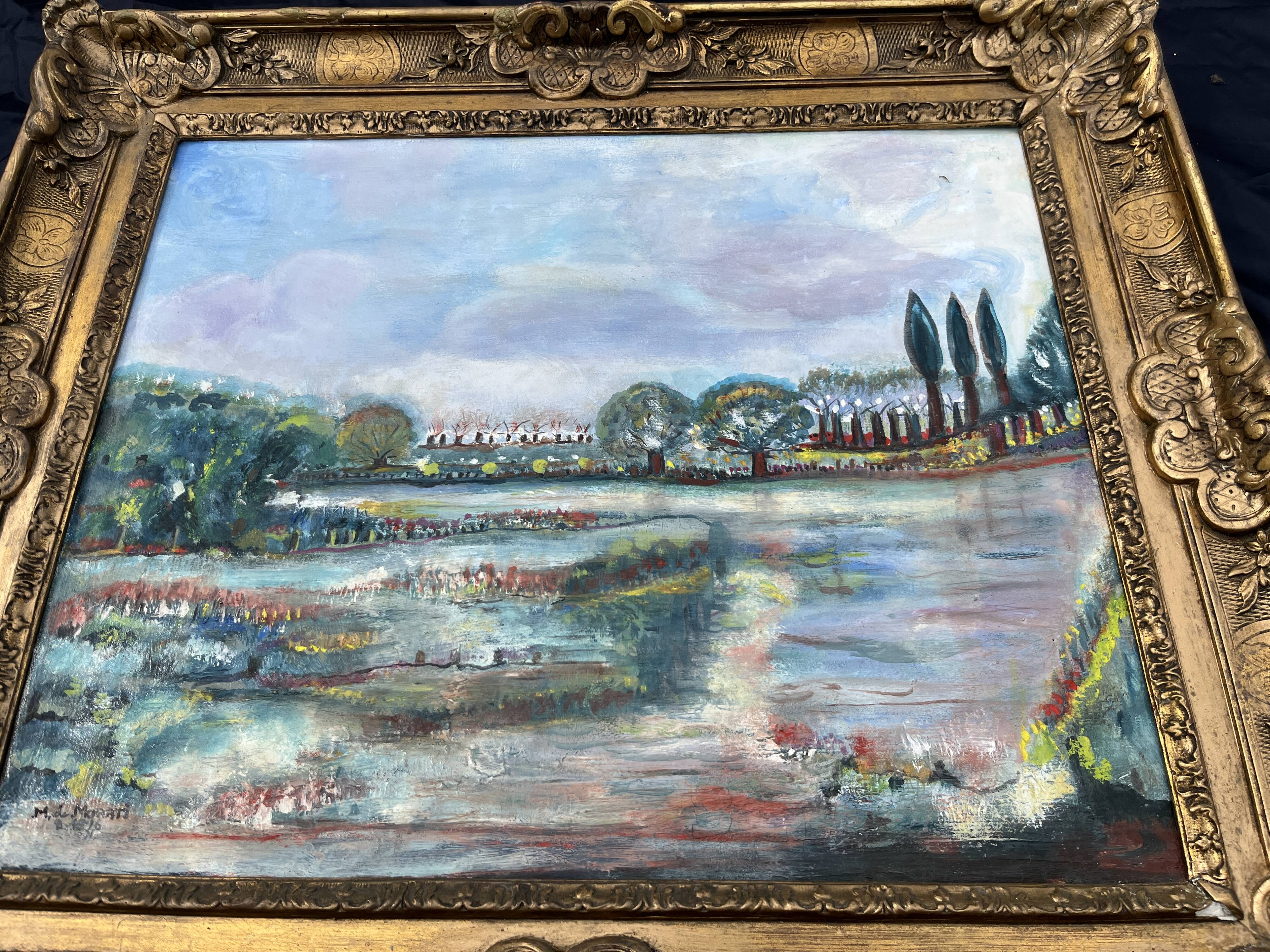 Very beautiful painting Landscape with reflections – M. de Moran 1996 with a 19th century frame