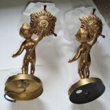 Pair of sconces Angels Cherubs Bronze Gilded Tulips Cut Glass