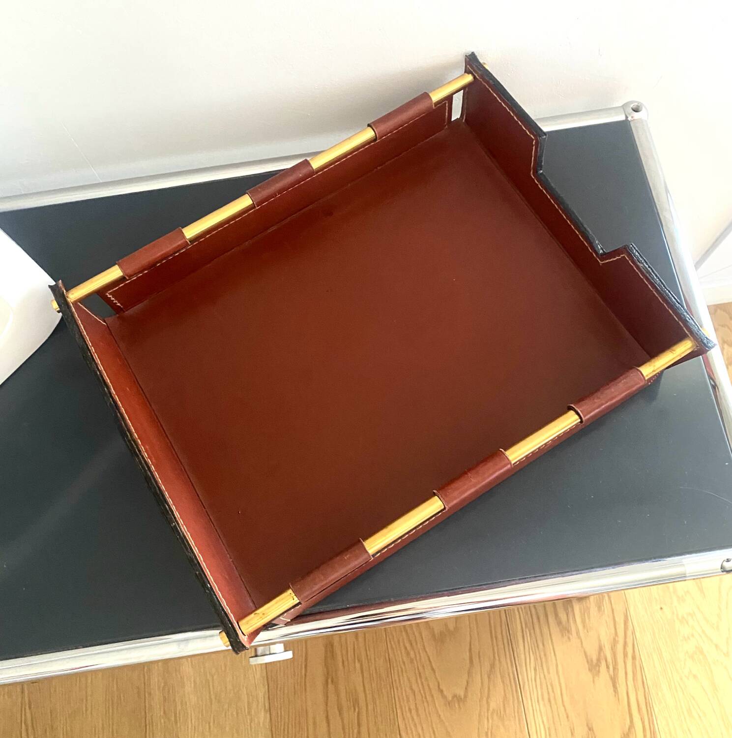 Vintage leather and brass office mail holder by Longchamp