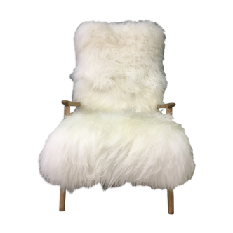 Vintage Art Deco white fluffy furry sheepskin bentwood armchair chair