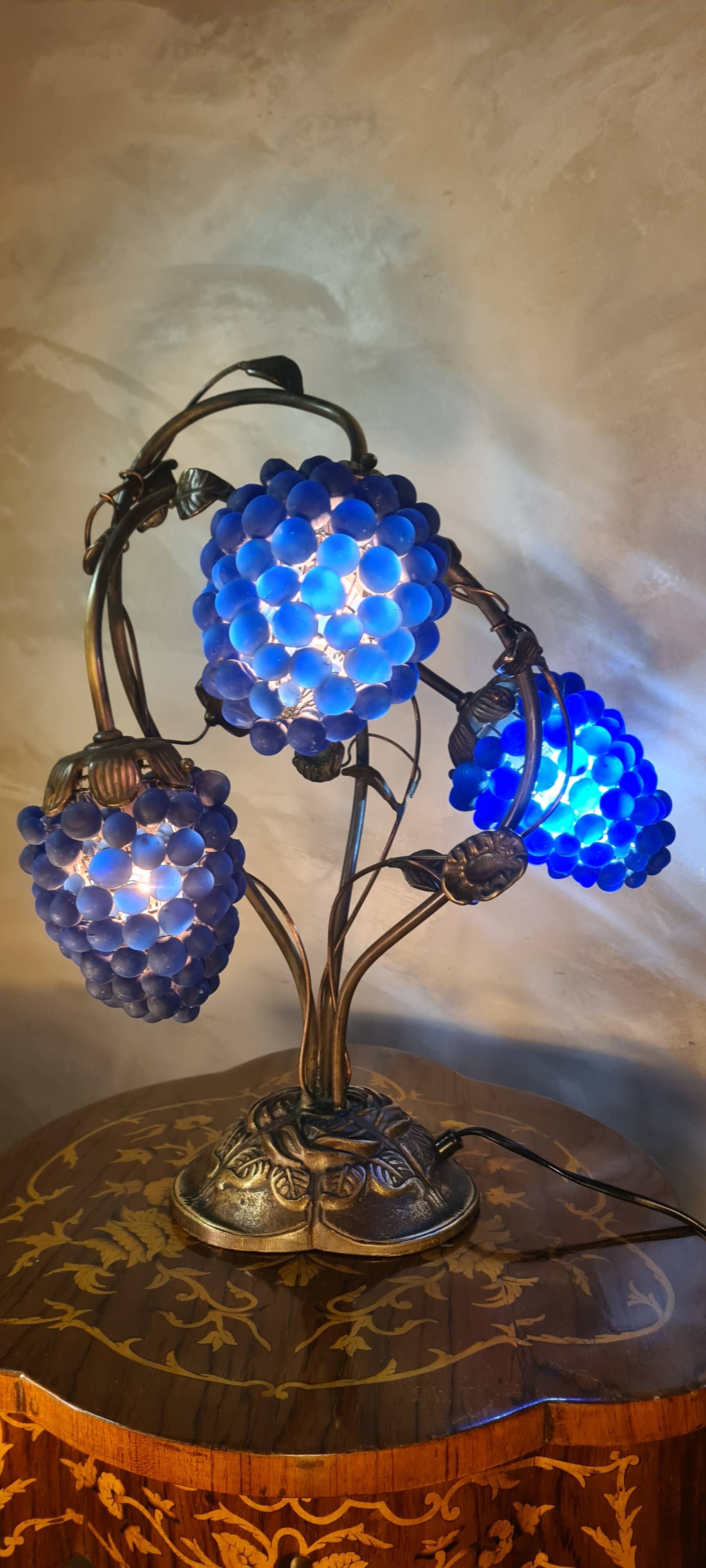 Living room lamp bronze 1980 venice murano glass blue fruit, 47x34