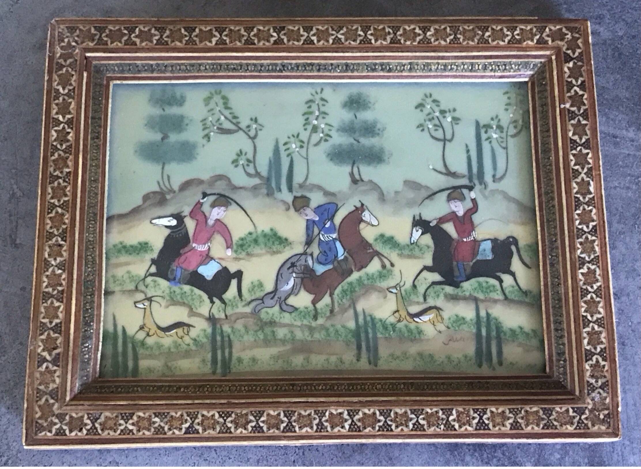 Ancient Indo-Persian painting with wooden mosaic frame