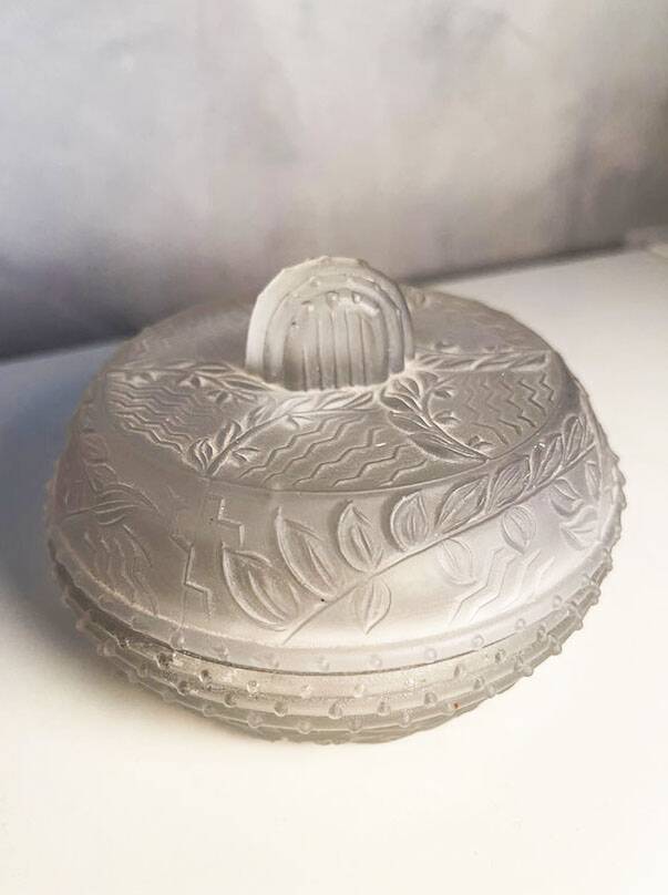 Art Deco Molded Glass Candy Box / Powder Box - Floral