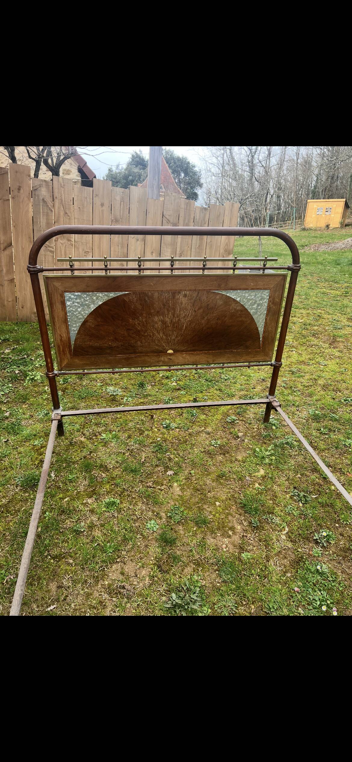 1920s art deco wrought iron bed frame with marquetry