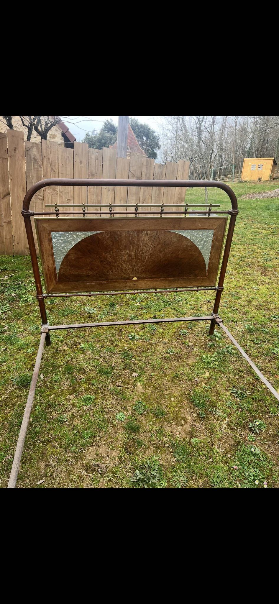 1920s art deco wrought iron bed frame with marquetry