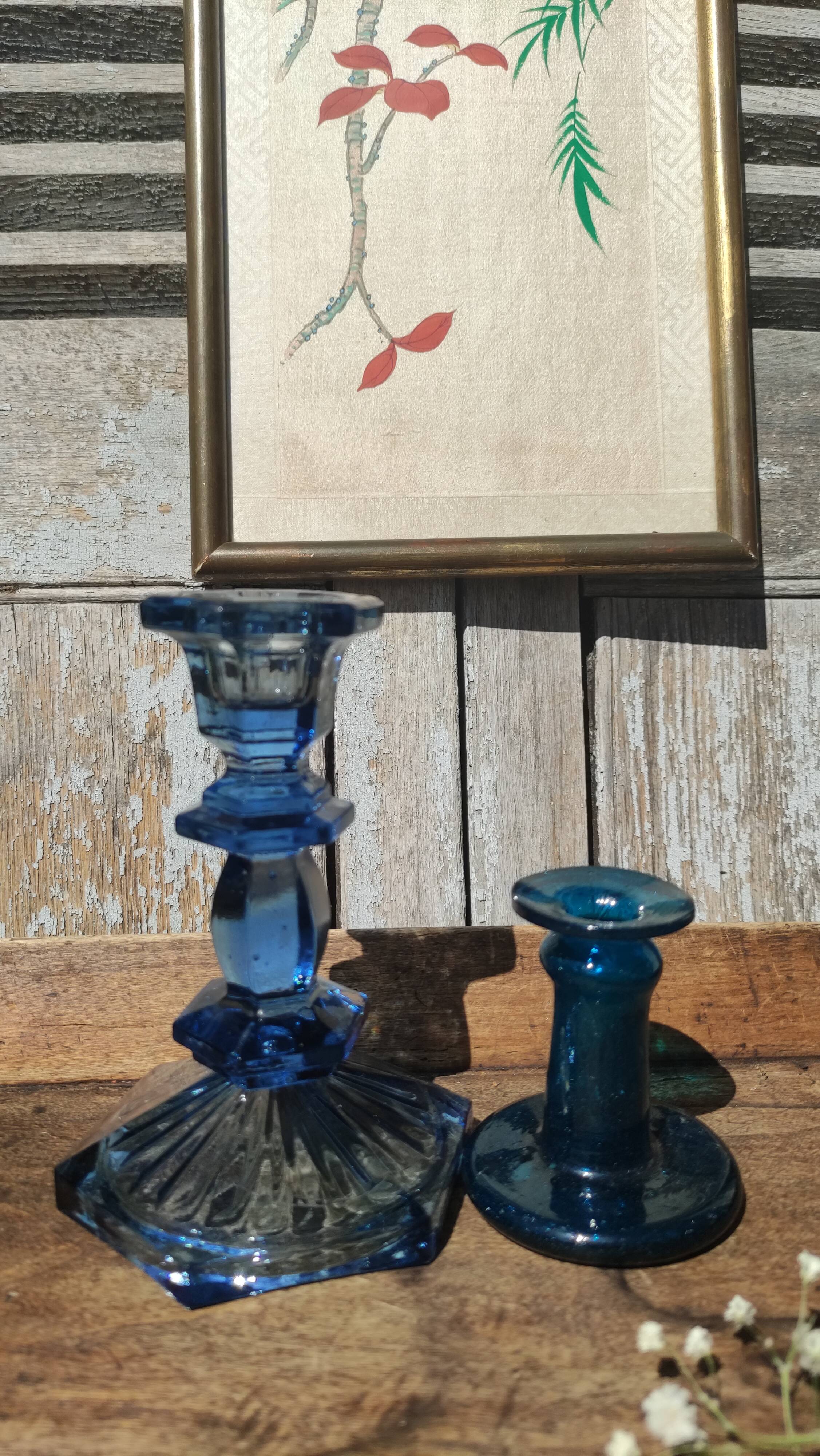 Bougeoirs vintages en verre épais bleu et turquoise