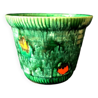 Vintage pot cover in poët-laval slip, green basketry model and touches of color
