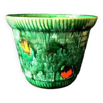 Cache-pot vintage en barbotine poët-laval modèle vannerie vert et touches de couleurs