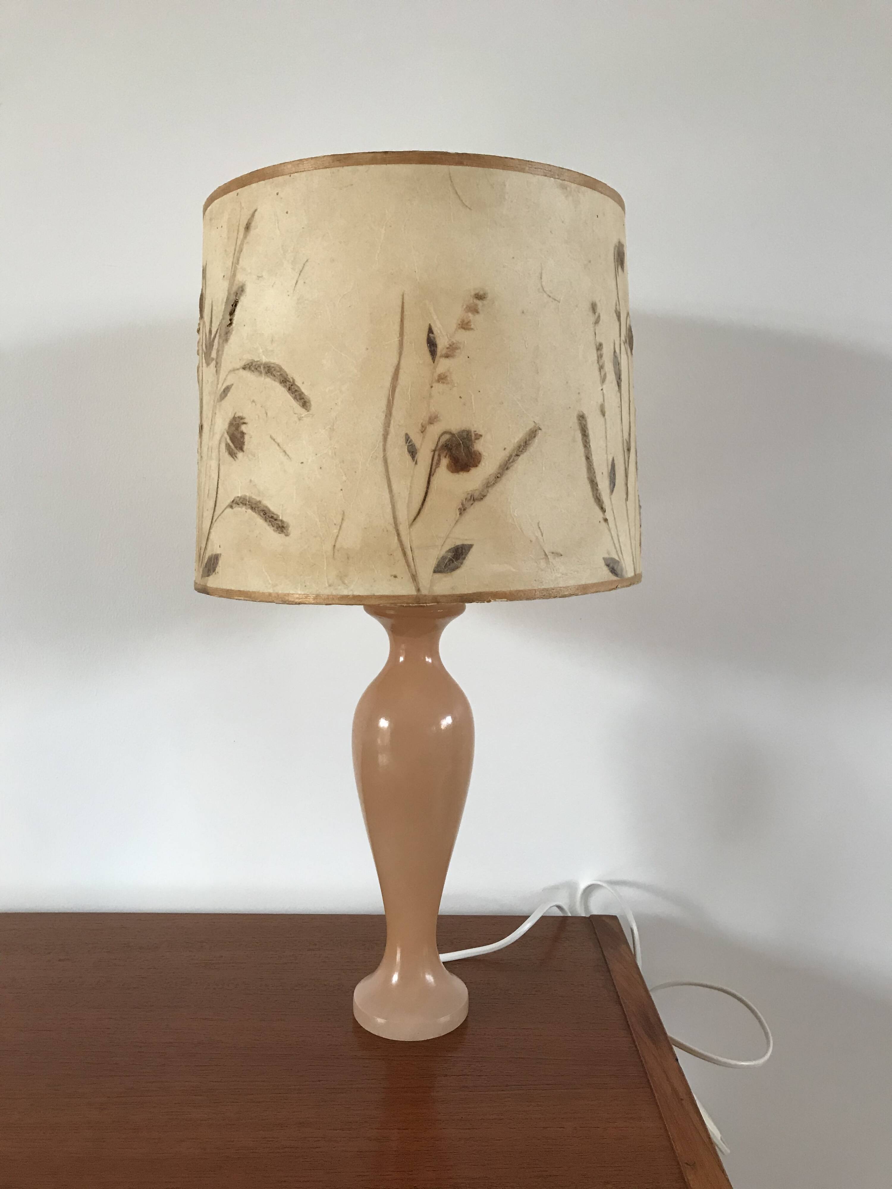 Pink alabaster lamp and dried flower lampshade 1970