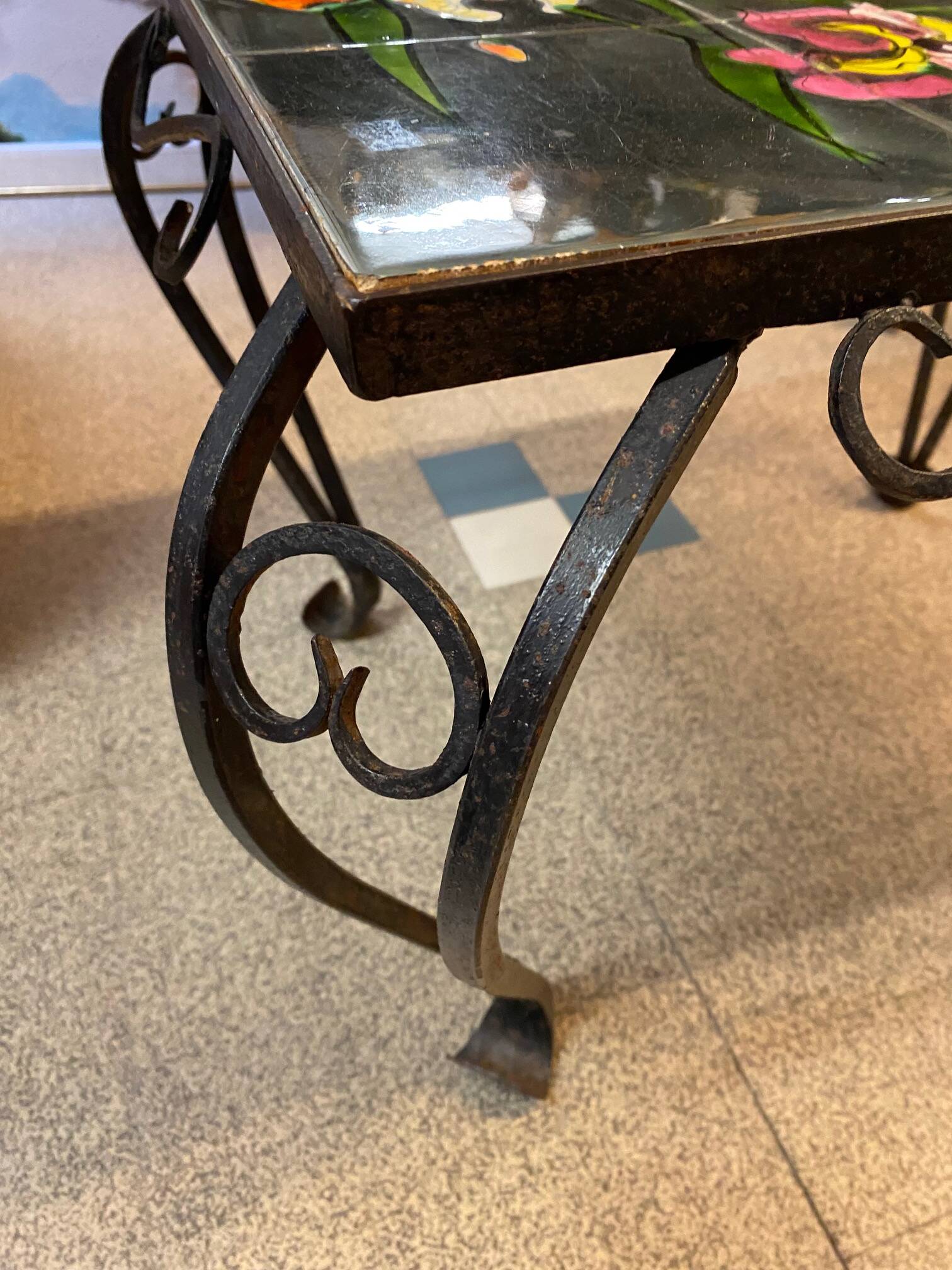 Vallauris coffee table signed rheaul faience tiles, flowers and wrought iron