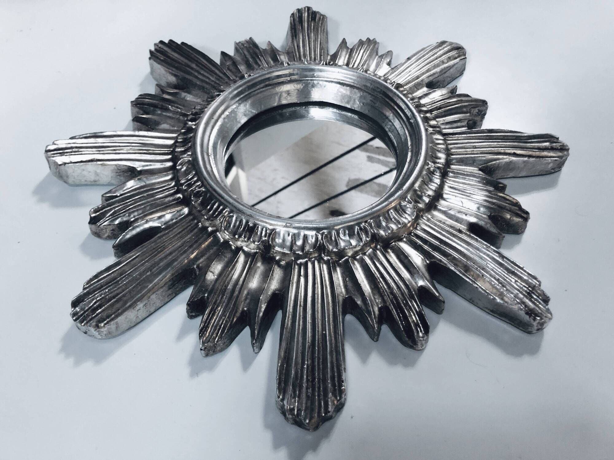 Wall Sun Mirror • Large Model • Carved Wood • Silver • 1960-70