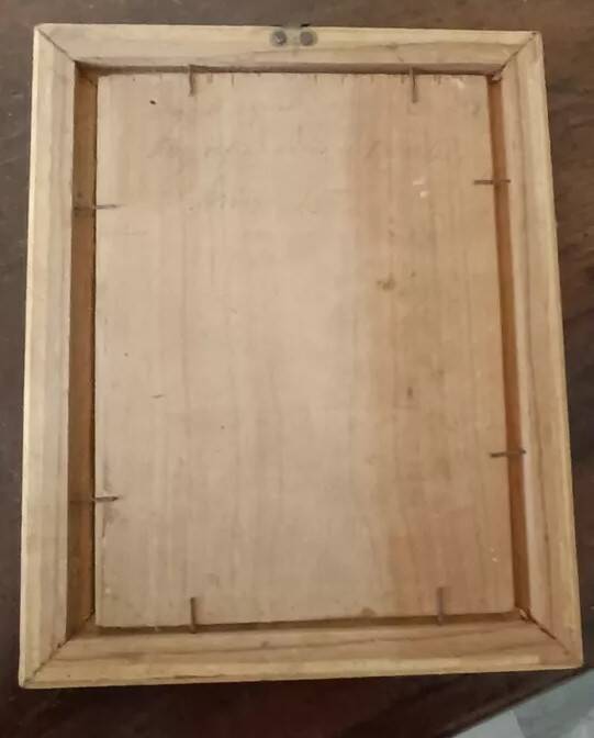 Peinture sur panneau à cadre paysan doré signée 1915