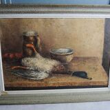 Ancien tableau nature morte signé & encadré : je bastel