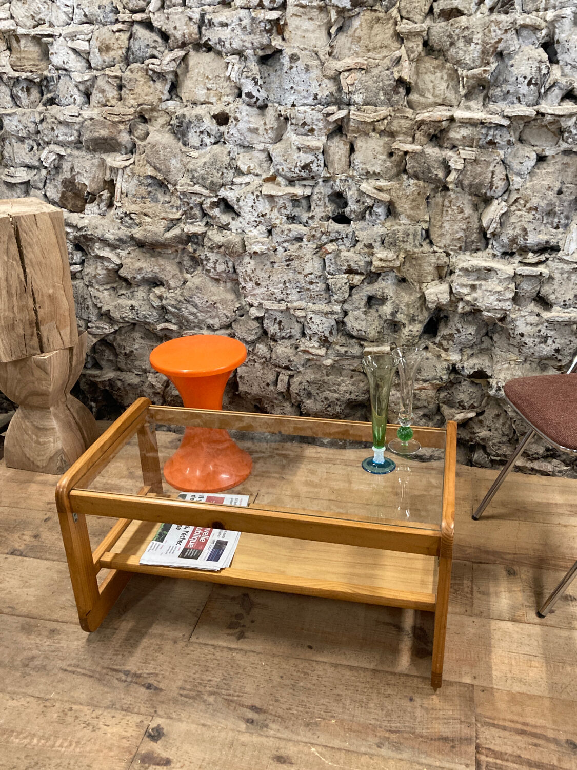 Coffee table in pine and glass Regain 1980