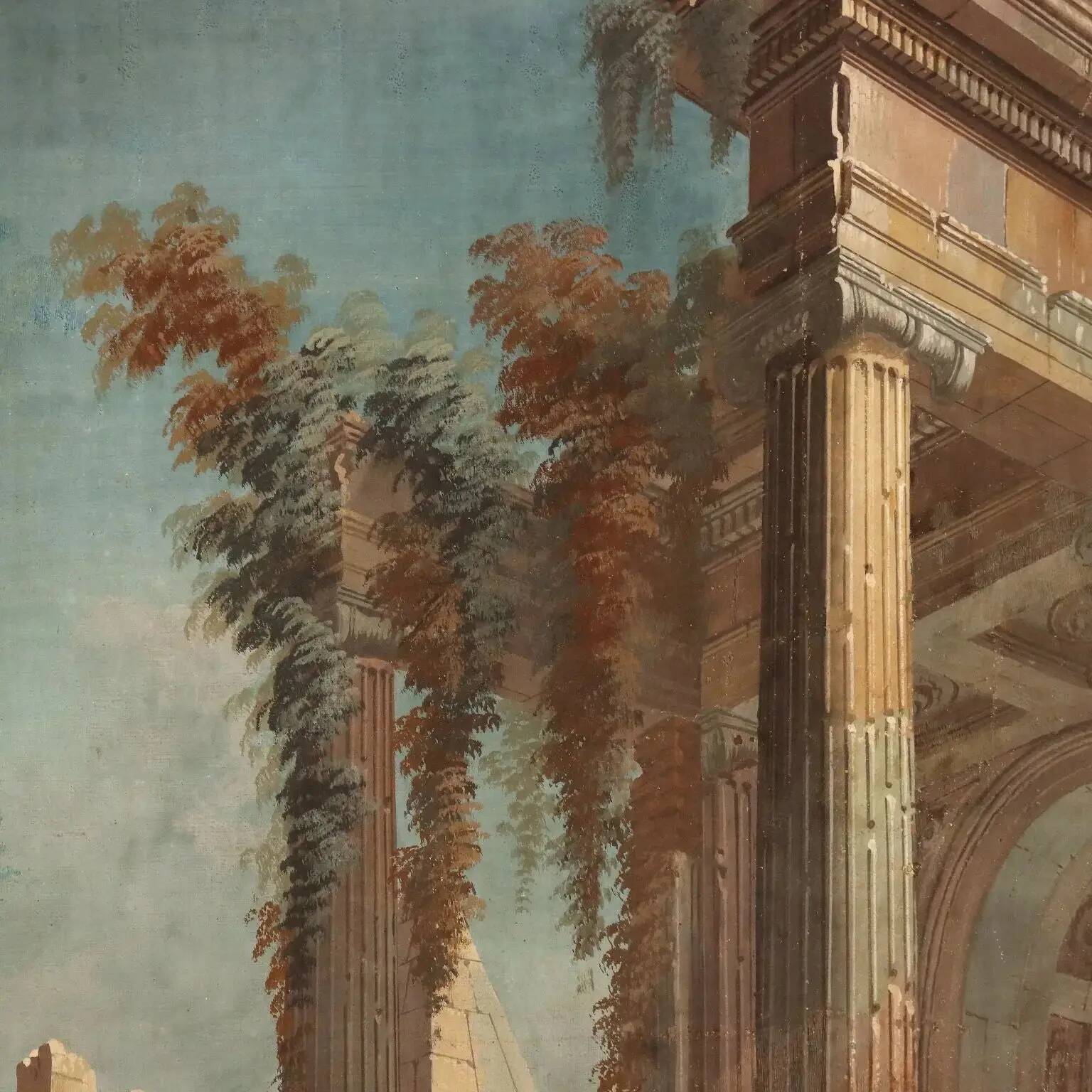 Ancient painting, architectural view, tempera on canvas, 18th century.