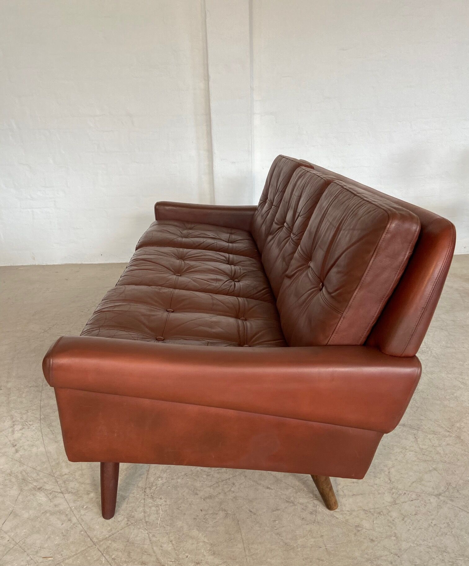 Danish mid-century Svend Skipper cognac 3 person sofa & lounge chair 1960s