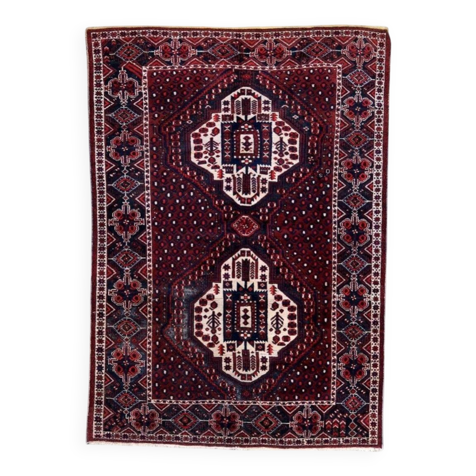 Vintage 1950s Persian Afshar rug, tribal double medallion, red field, 148cm x 211cm