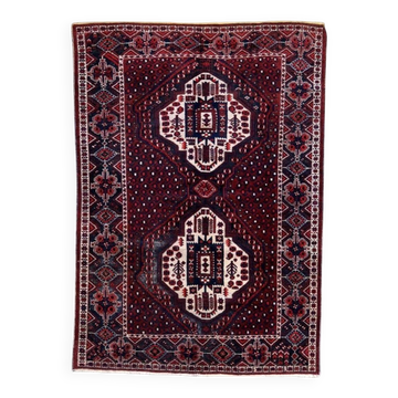 Vintage 1950s Persian Afshar rug, tribal double medallion, red field, 148cm x 211cm