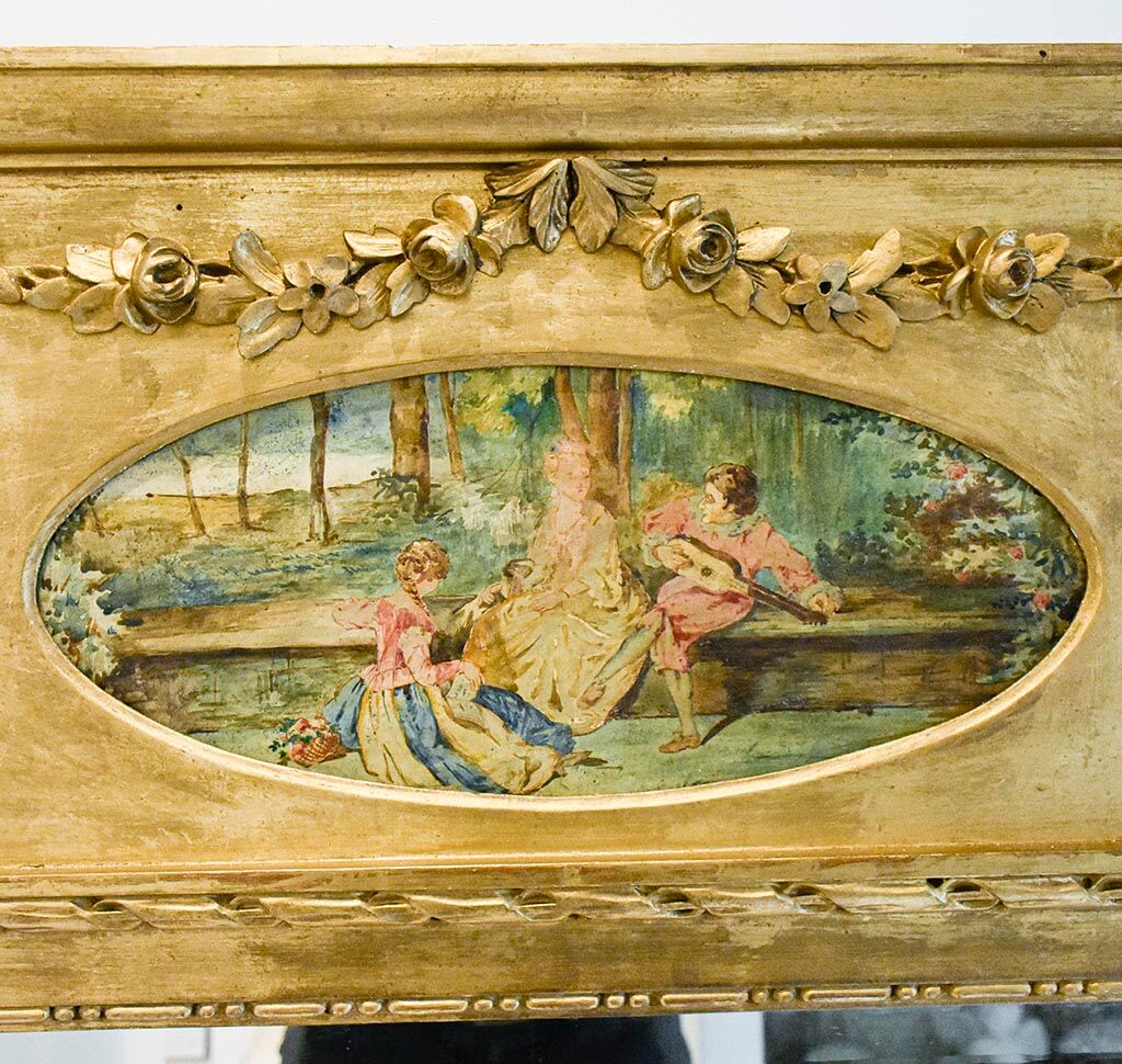 Mirror trumeau old golden wood carved pediment floral romantic painting h 135 cm