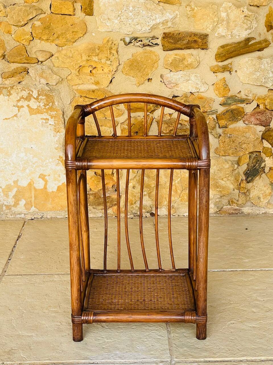 Vintage bamboo and wicker bedside table with 2 shelves, circa 1970