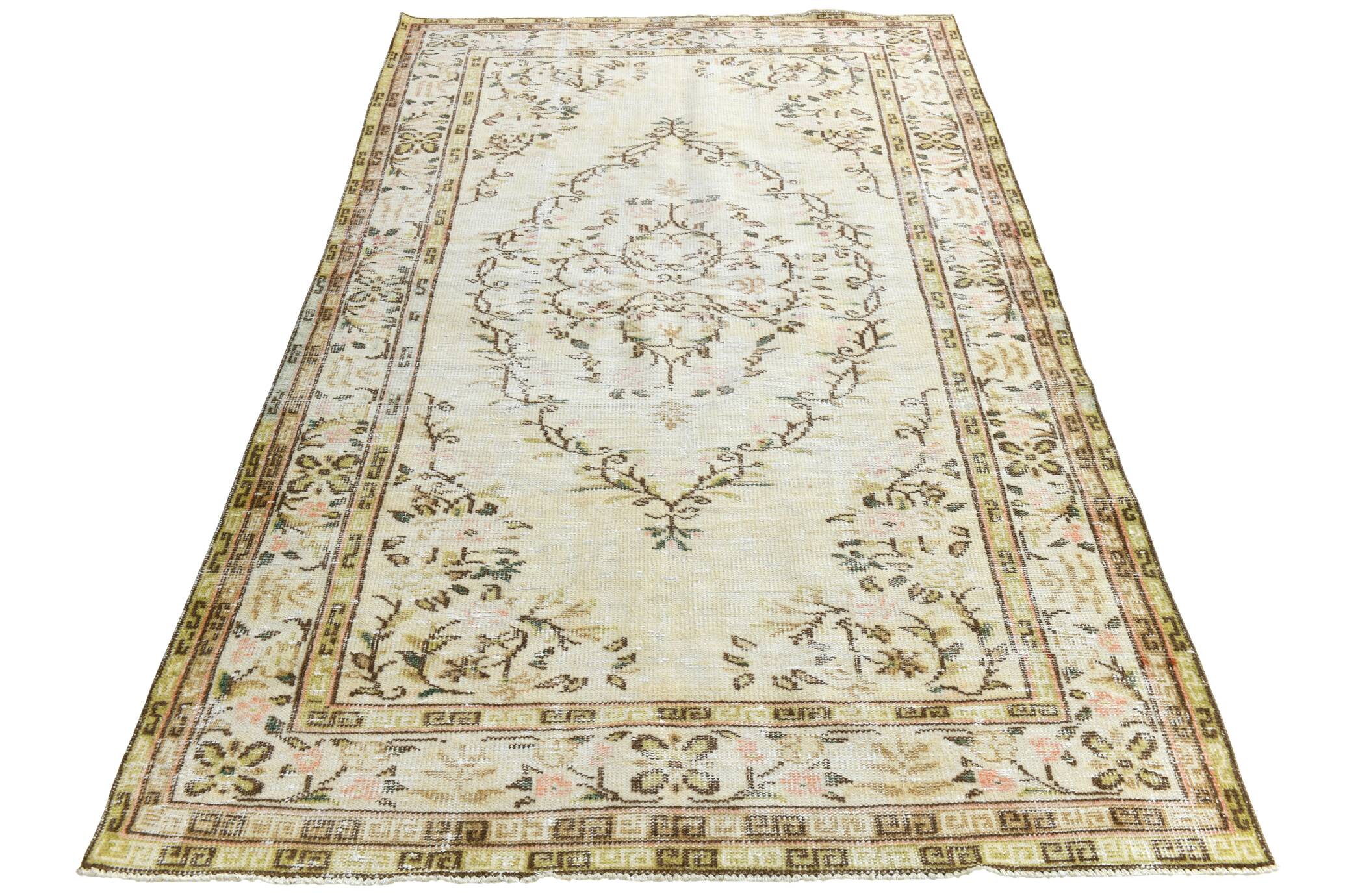 Tapis Vintage Turc Crème, Médaillon Floral, Style Shabby Chic, 150x250Cm