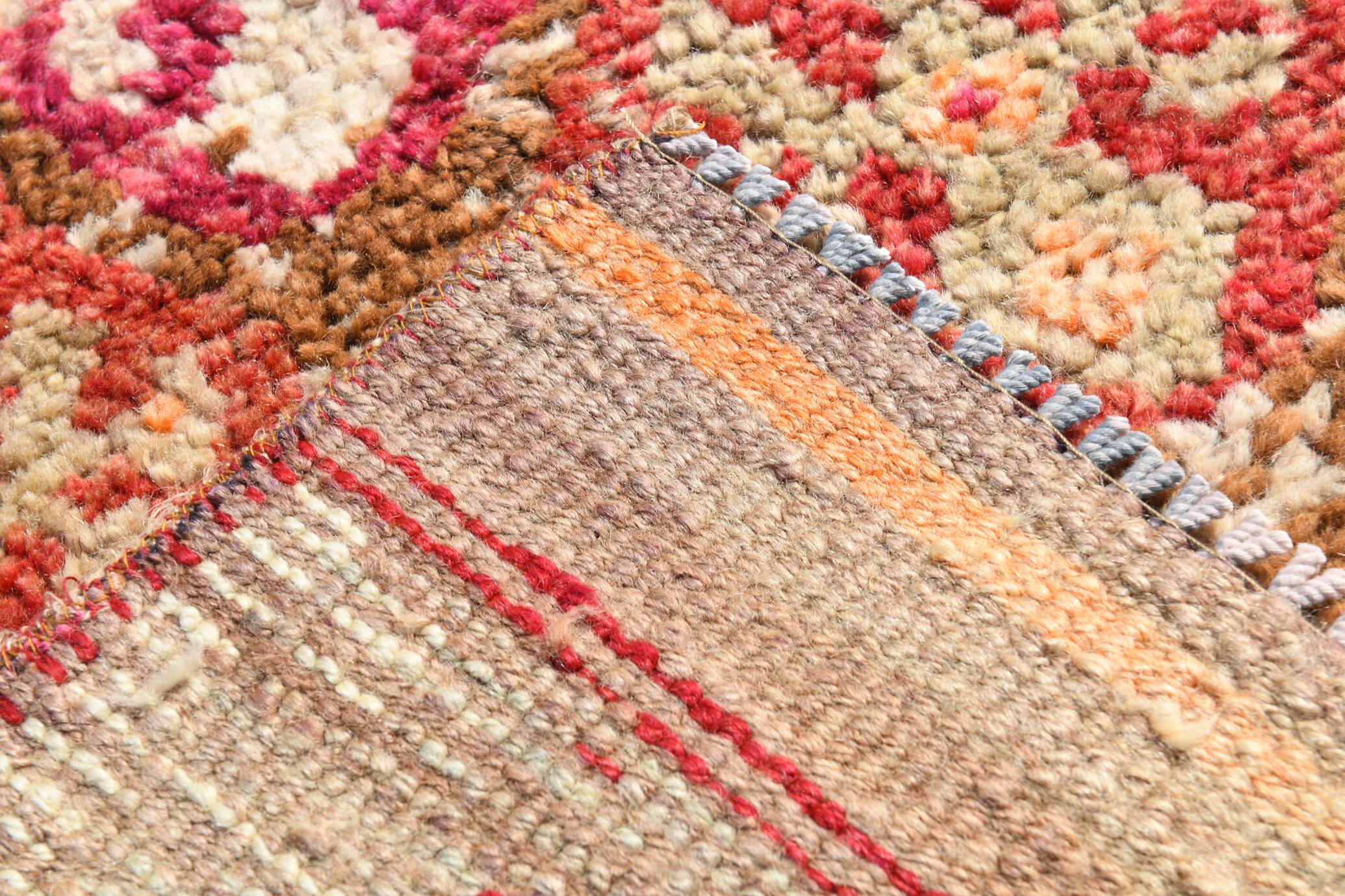 Tapis de Couloir Turc Vintage, Laine Rouge & Beige Géométrique, 83x388 Cm