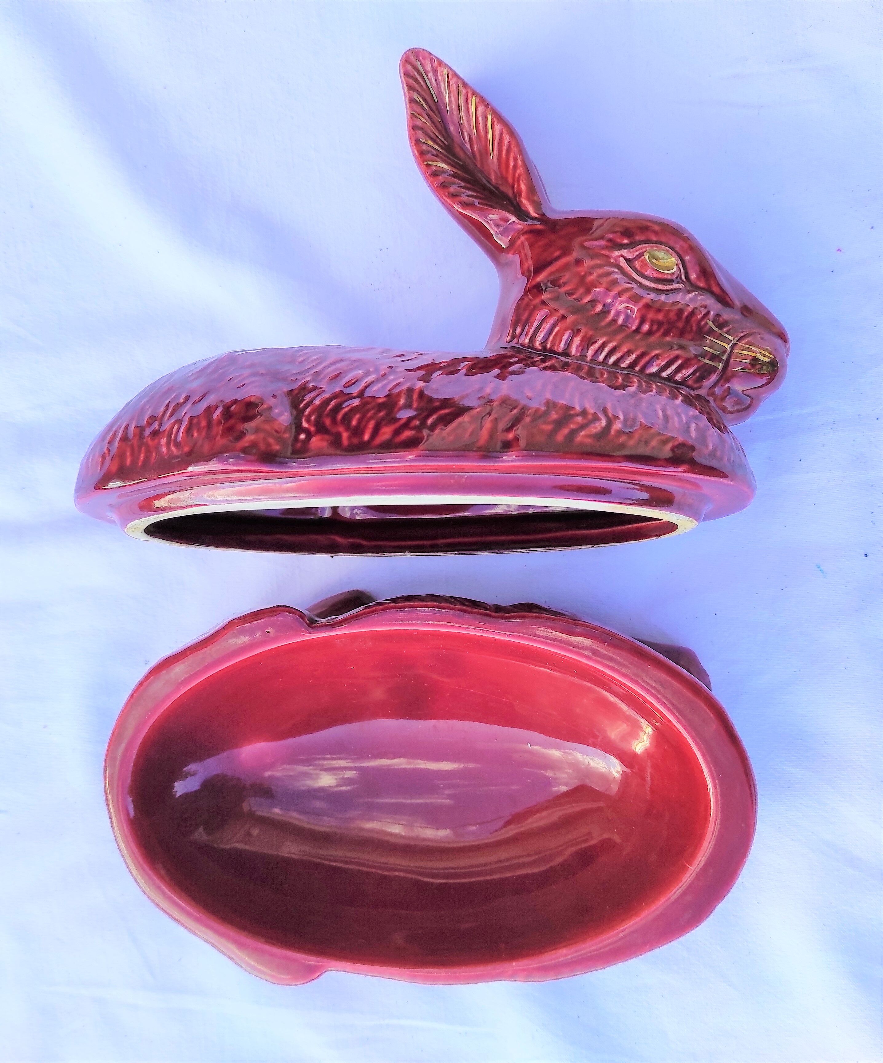 Ceramic terrine model rabbit dark red vintage