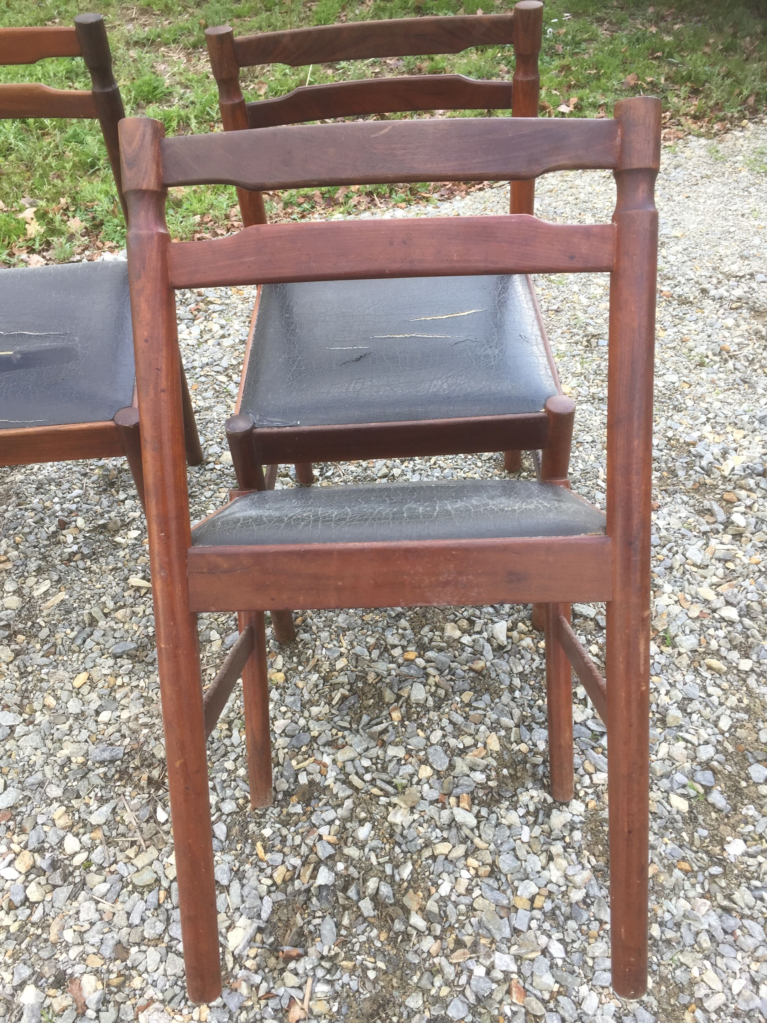 Vintage scandinavian teak chairs, black skaï seats as it is