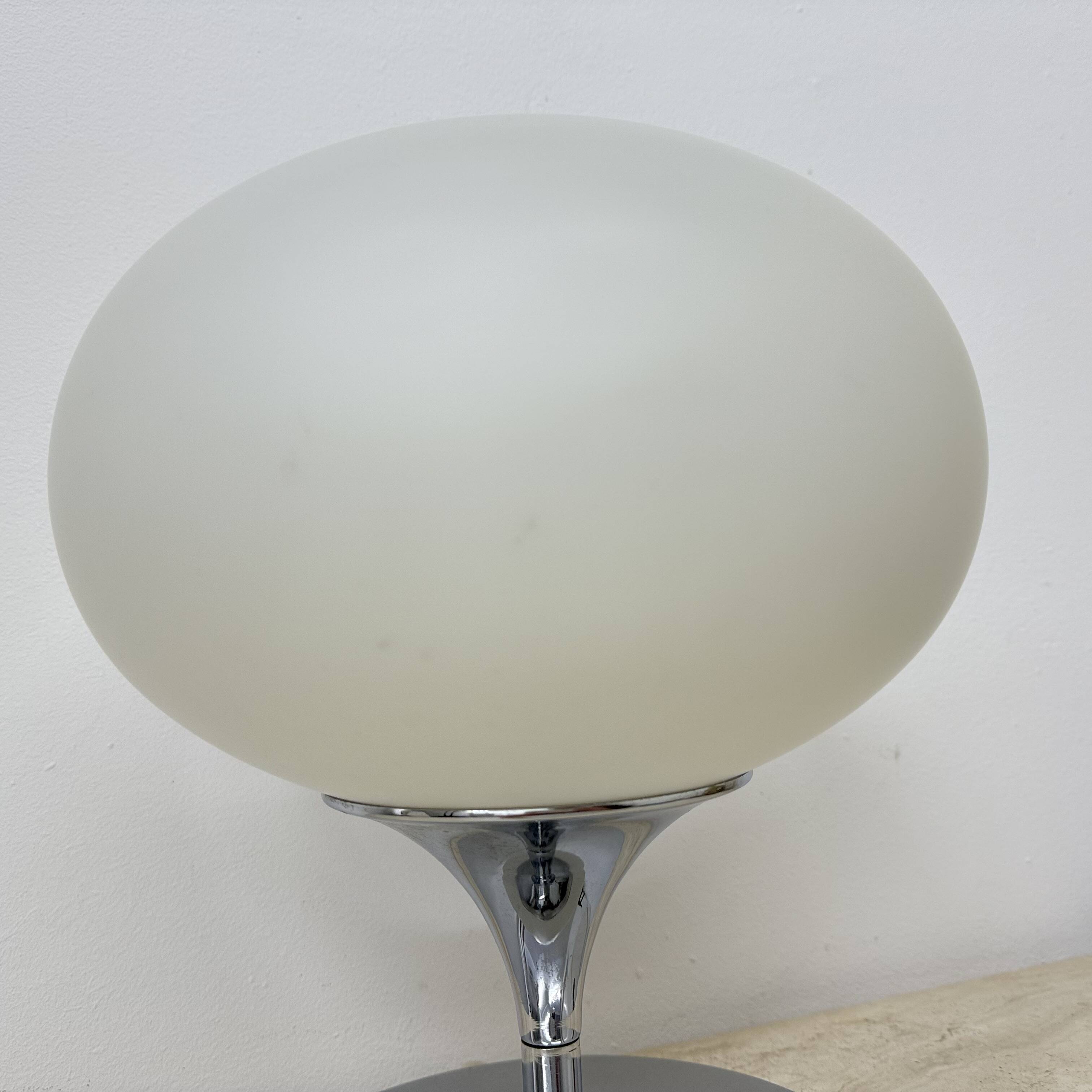 Opaline glass chromed steel & cast iron Space Age lamp by Kaiser Leuchten,
