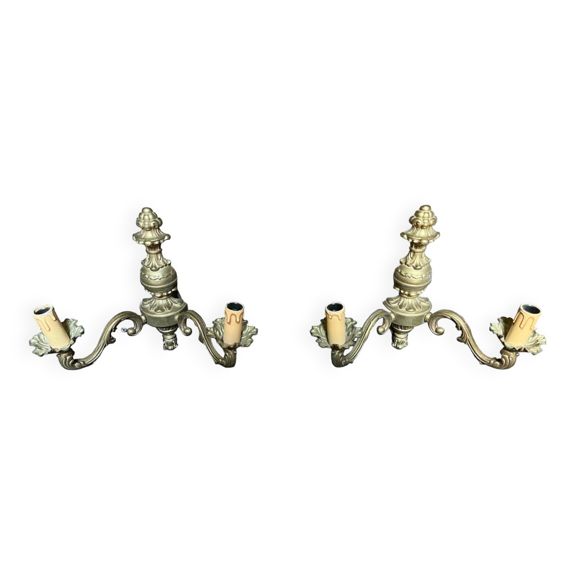 Pair of vintage golden bronze 2-light wall lights