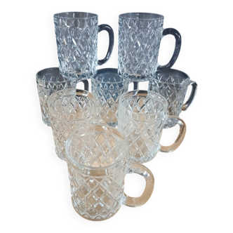 8 antique chiseled glass glasses / mugs