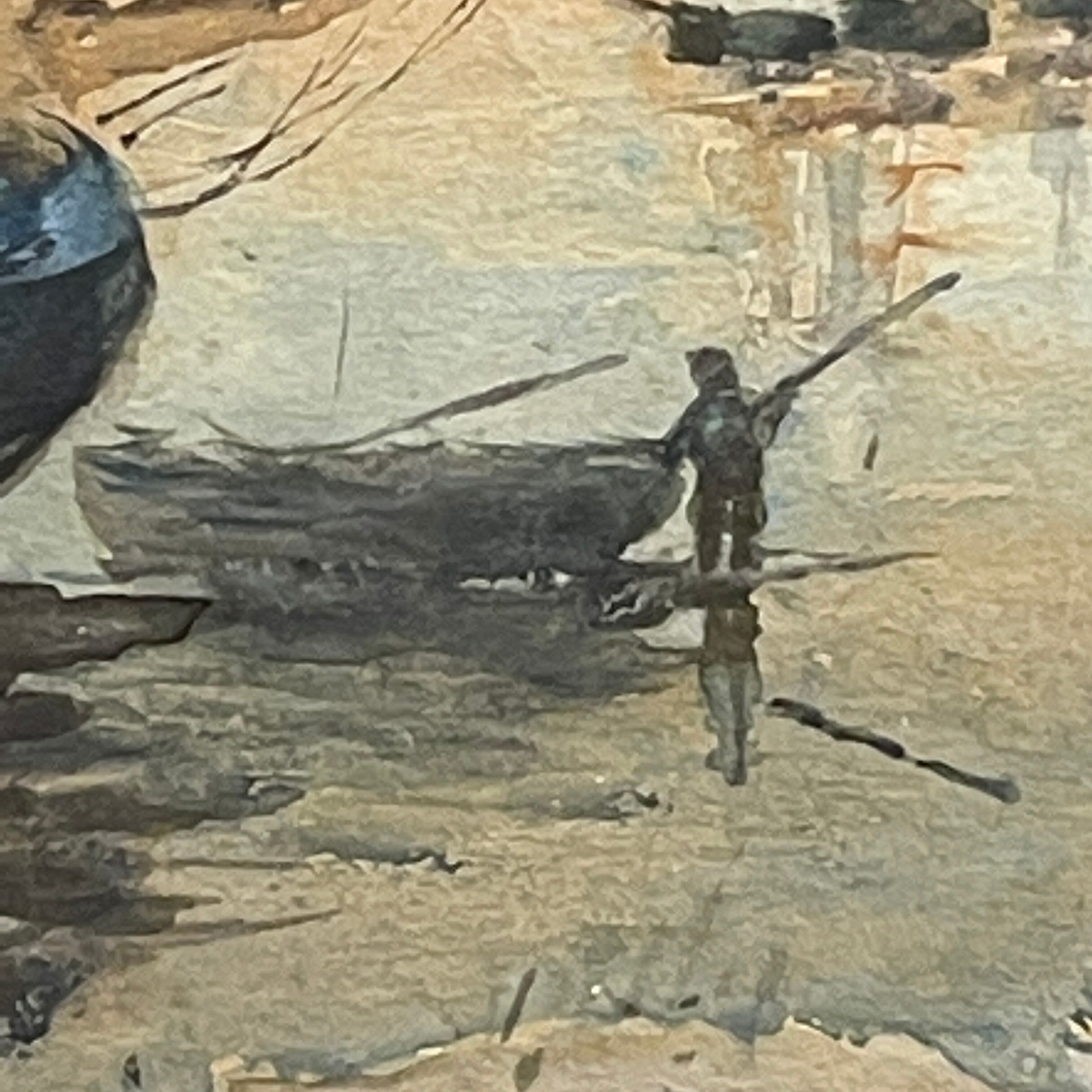 " Boats stranded at low tide " by A. Semlinck, Aquarelle Marine, Bateaux Voiliers, ca 1910