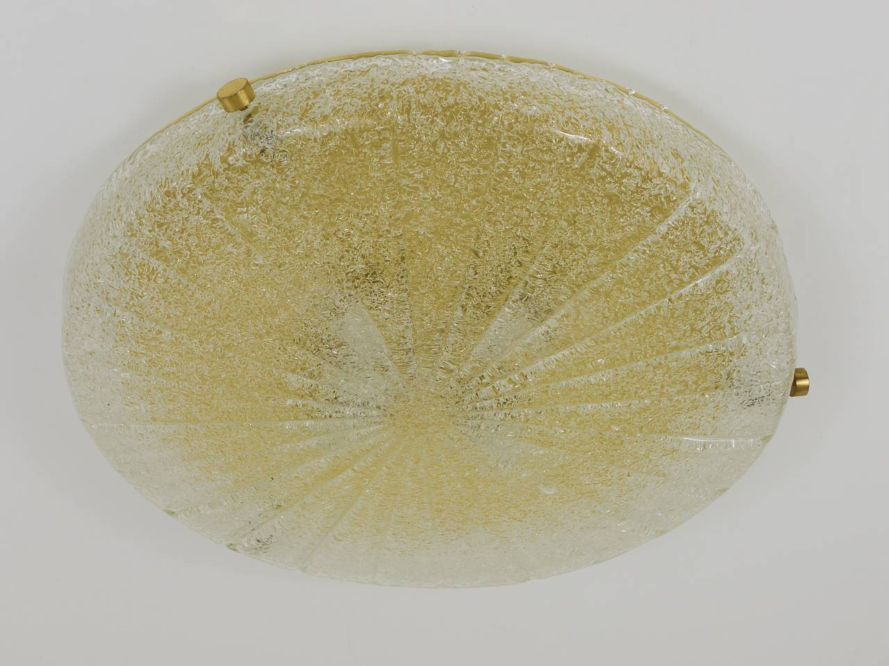 Carl Fagerlund Orrefors textured glass and brass flush mount ceiling light, Sweden, 1950s.